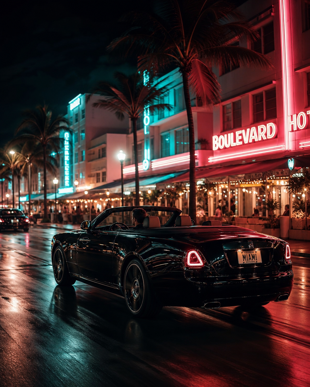 Black convertible on Ocean Drive at night with neon lights