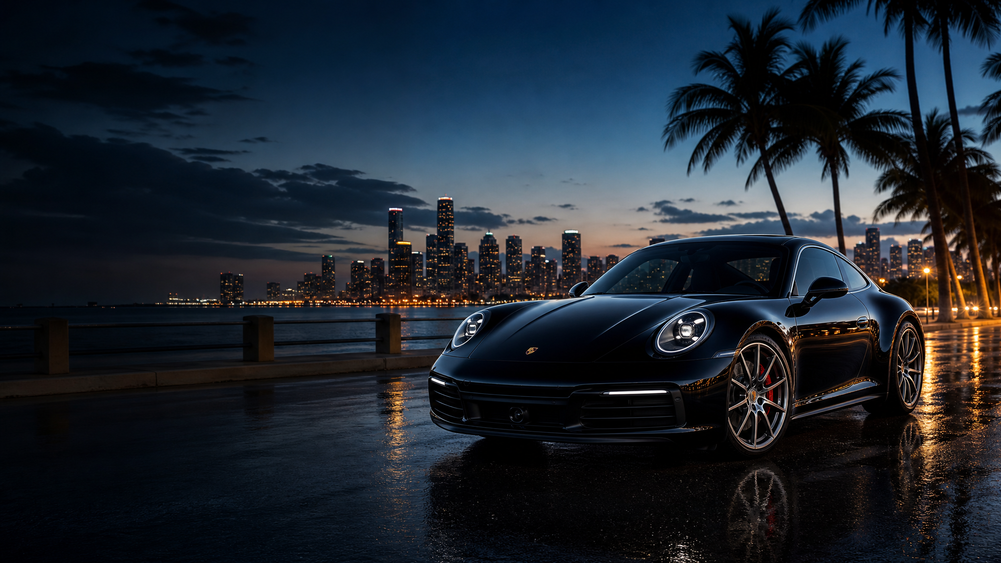 Black luxury sports car on a Miami causeway at blue hour with the downtown skyline