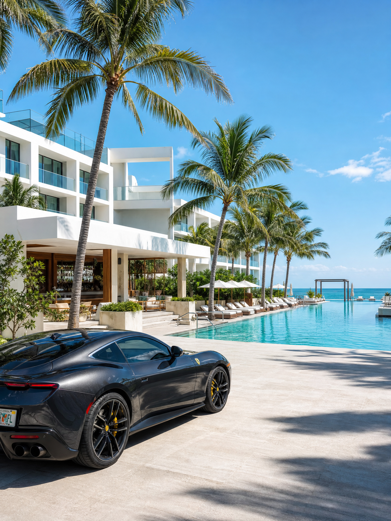 Luxury car at an upscale Miami restaurant at night